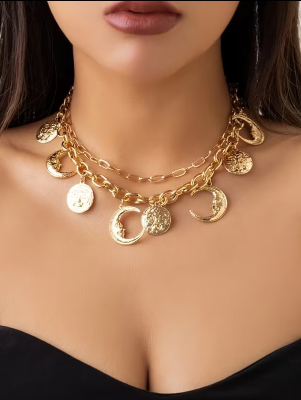 Gold Moon & Coin Charm Layered Necklace - Women's Jewelry